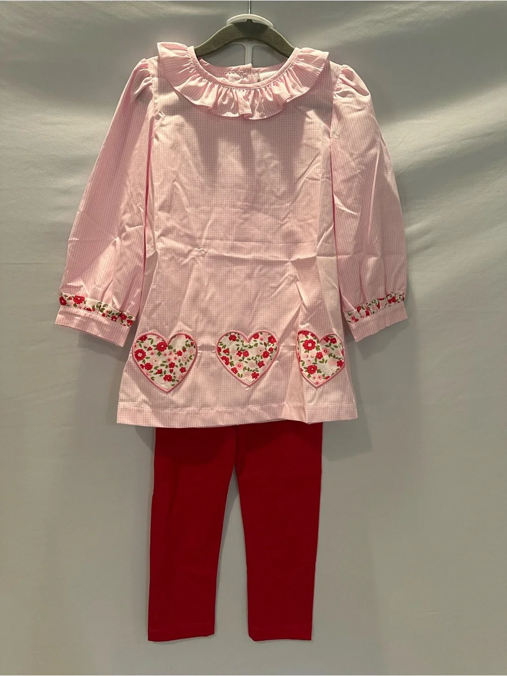 Girls Pink Heart Appliqué Set with Red Leggings